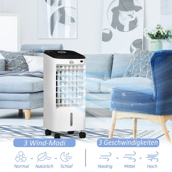 HOMCOM Mini Luftkühler, 3 in 1 Luftbefeuchter mit 3 Stufen, 60° Oszillation, für Schlafzimmer, Büro, 24,5L x 27B x 60H cm, ABS, Kunststoff, Weiß