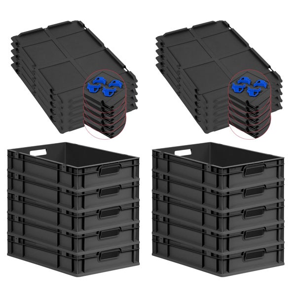 PROREGAL SparSet 10x Eurobox NextGen Grip mit Auflagedeckel inkl. 4 blauen Schiebeschnappverschlüssen, HxBxT 12x40x60cm, 23 Liter, Schwarz, Griffe offen, Eurobehälter, Transportbox, Transportbehälter, Stapelbehälter