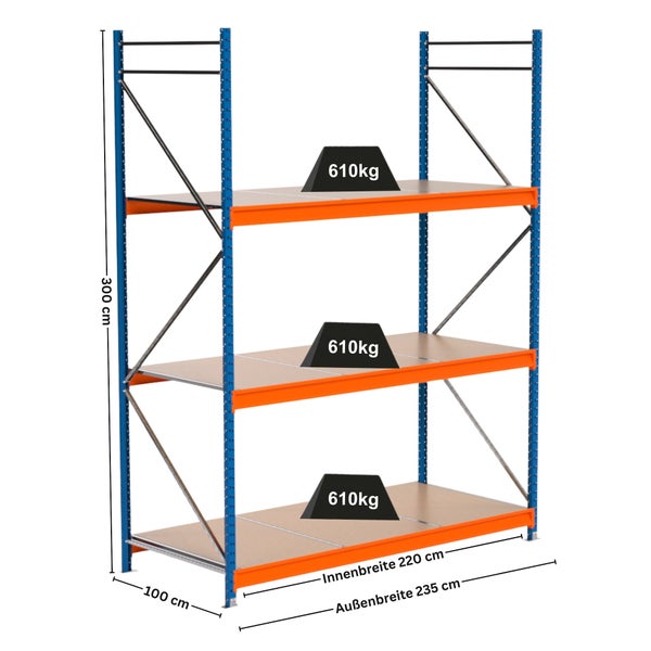 Regal mit drei Ebenen, 300 cm Höhe, Traglast 610 kg pro Ebene