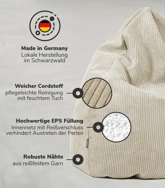 mokebo Sitzsack Cord XXL in Beige 'Der Tagträumer', Bean Bag mit EPS-Perlen Füllung