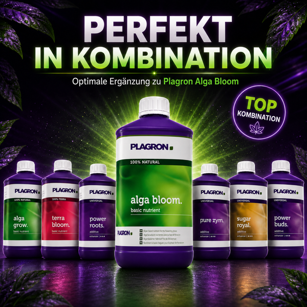 Plagron Alga Bloom Pflanzendünger in der Flasche umgeben von weiteren Plagron Nährstoffzusätzen und Pflanzenpflegeprodukten für die Blütephase