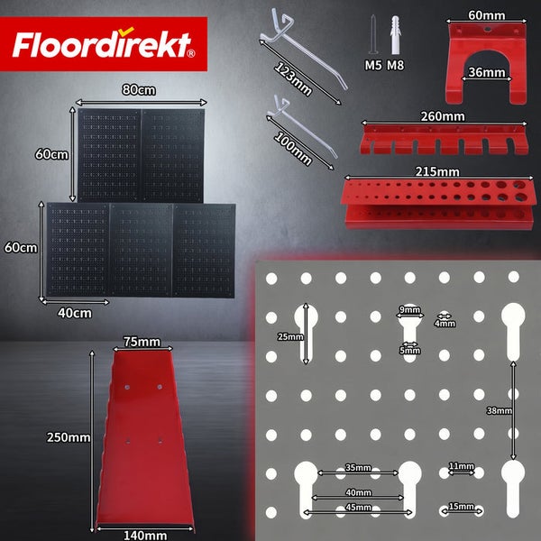 Floordirekt Logo. Werkzeugwand Set aus schwarzen Lochplatten mit roten Haltern und Haken inklusive detaillierter Maßangaben in Millimeter.