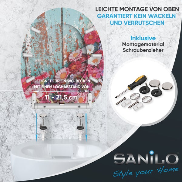 Sanilo WC Sitz mit Blumenmotiv und Befestigungsmaterial inklusive Schraubendreher für eine einfache Montage von oben bei 11 bis 21,5 cm Lochabstand.