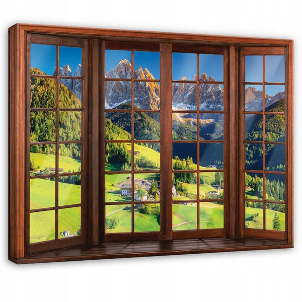 Wandbild mit 3D Fensterblick auf eine alpine Gebirgslandschaft mit Bergen, grünen Wiesen und kleinen Häusern.