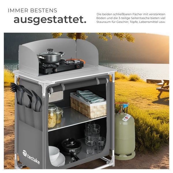 Campingküche mit Kochfeld, Stauraum und Windschutz