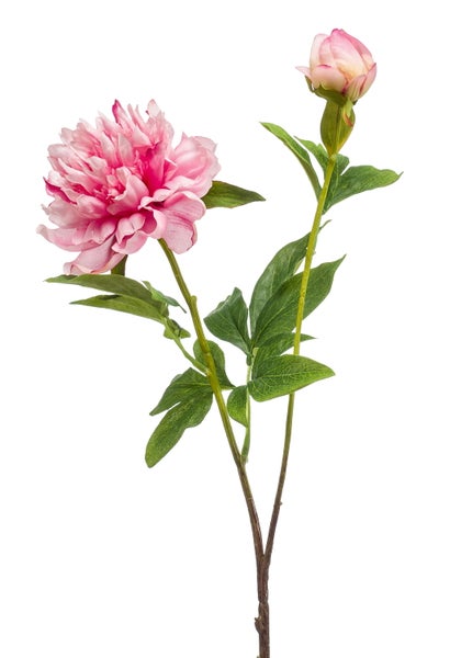 Künstliche Pfingstrosenknospe aus Textil in Rosa mit grünem Stängel und Blättern.