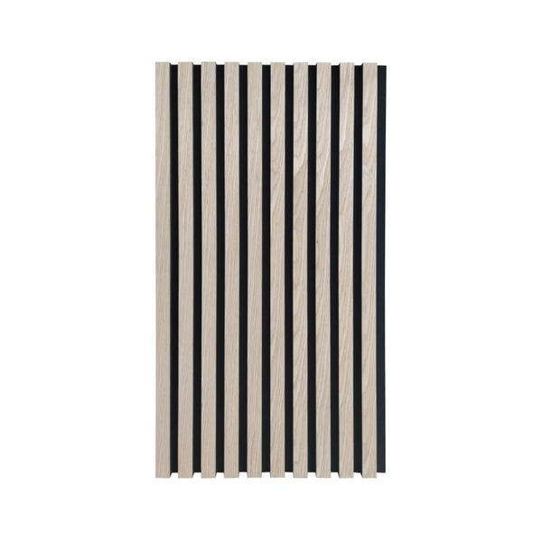 Akustikpaneel mit hellen Holzlamellen auf schwarzem Filz