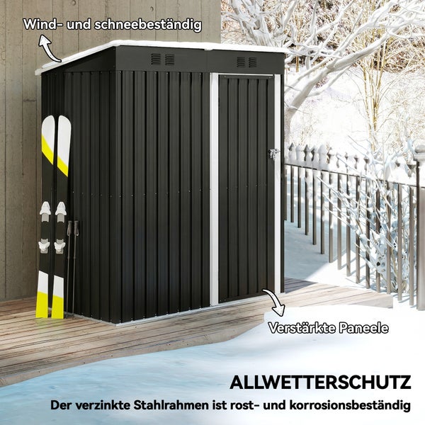 Gerätehaus aus Metall im Winter, wind- und schneebeständig, verstärkte Paneele, verzinkter Stahlrahmen, rost- und korrosionsbeständig.