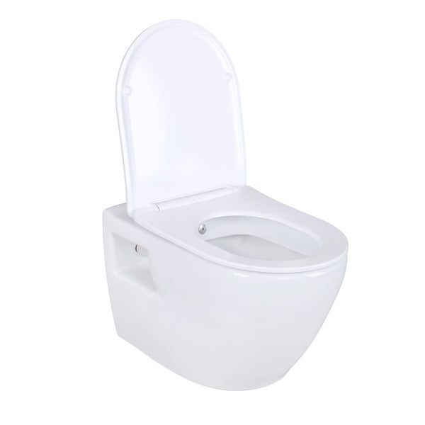 Wand-WC aus weißer Keramik mit geöffnetem WC-Sitz und Deckel.