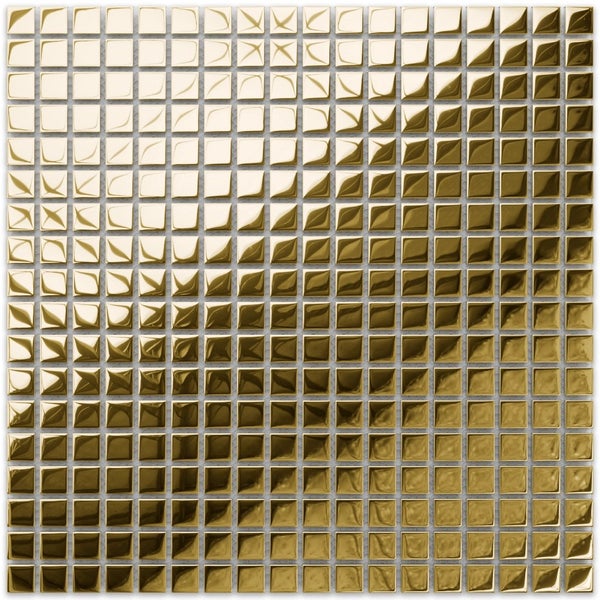 Goldfarbenes Glasmosaik mit kleinen quadratischen Mosaiksteinen und metallisch glänzender Oberfläche.