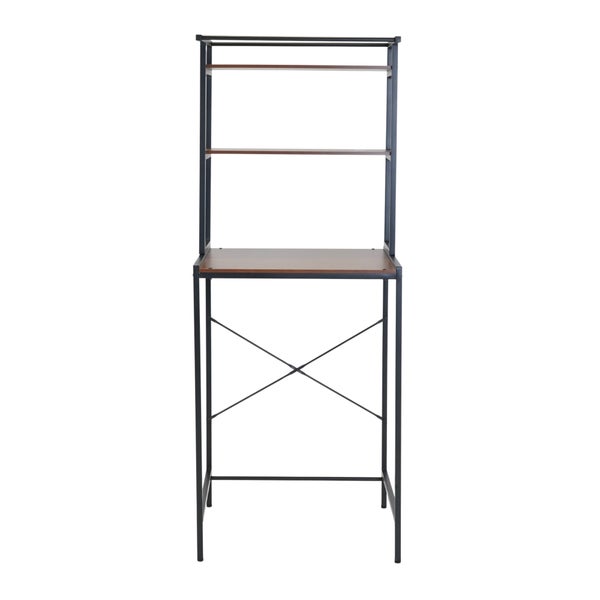 Hohes Standregal mit Schreibtischaufsatz und zwei Ablagefächern, gefertigt aus Metallgestell und Holzwerkstoffplatten im Industrial Design.