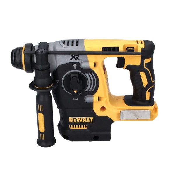 DeWalt Akku-Bohrhammer mit SDS-plus-Werkzeugaufnahme, Zusatzhandgriff und Tiefenanschlag.