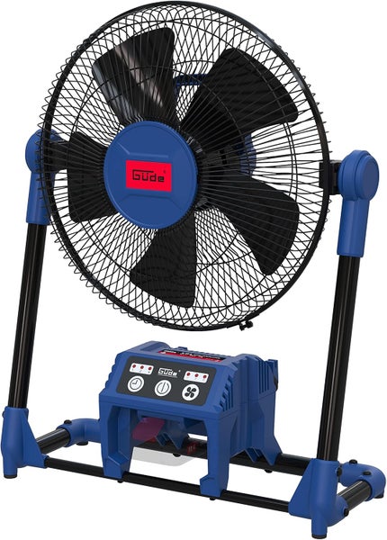 Güde Akku-Ventilator in Blau und Schwarz aus Kunststoff und Metall mit drei Rotorblättern, Schutzgitter und Bedienfeld am Standfuß.