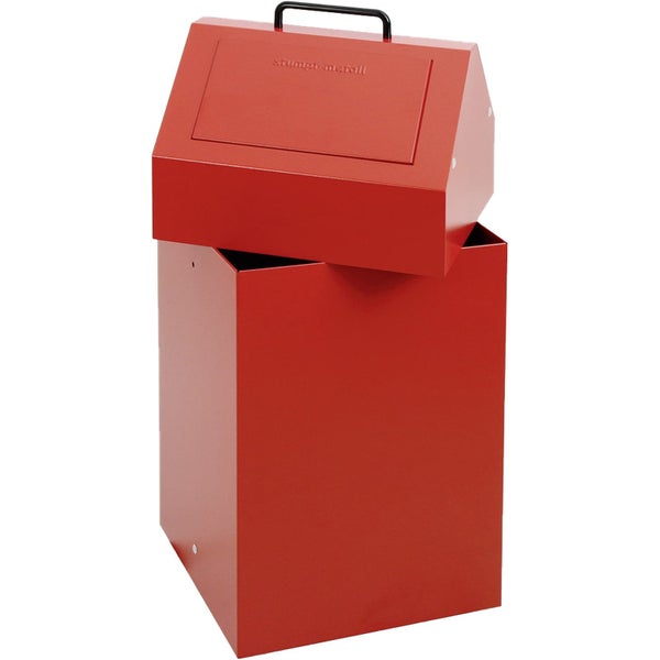 Roter Abfallbehälter aus Metall mit Deckel und Tragegriff