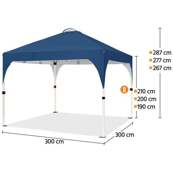 Blauer Faltpavillon mit Größenangaben 300 x 300 cm