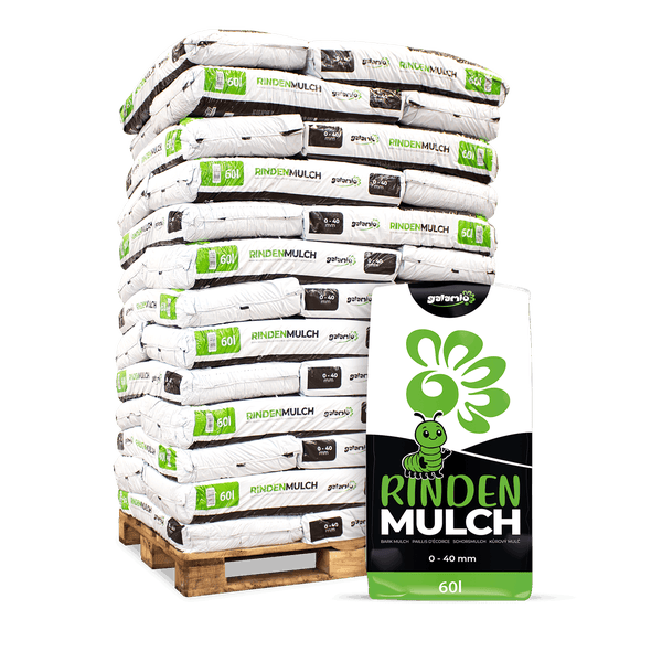 Galamio Rindenmulch 60 Liter, Körnung 0 bis 40 mm, gestapelt auf Palette mit einer Einzelpackung im Vordergrund.
