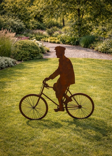 Gartendekoration aus Metall in Edelrostoptik in Form eines Mannes auf einem Fahrrad stehend auf einer Rasenfläche im Garten.