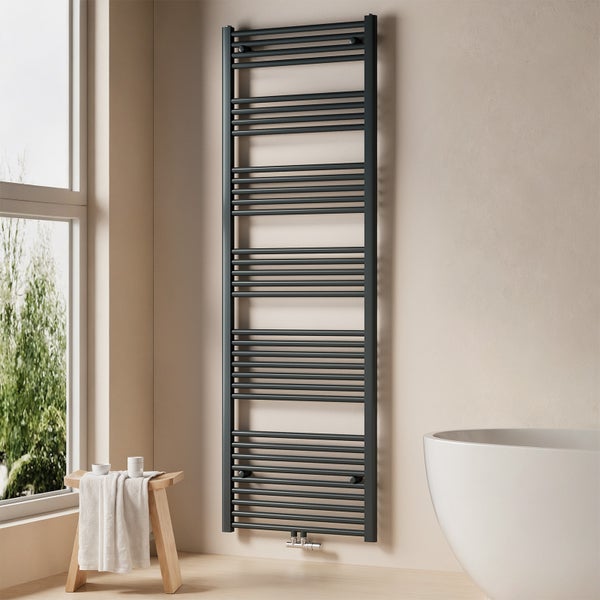 EMKE Badheizkörper Handtuchheizkörper 180x60 cm, Wasserbetrieb mit Mittelanschluss, 860W Heizleistung, Rundrohr-Design, Anthrazit, für Badezimmer