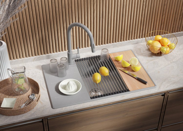 PRIMAGRAN Spülbecken Grau 78x50cm, Granitspüle 1 Becken + Ablauf-Set + Schneidebrett, Küchenspüle ab 60er Unterschrank - Kopenhagen