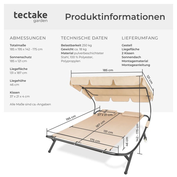 tectake Garden Logo. Doppel-Sonnenliege mit Sonnendach: Maße circa 185 mal 195 Zentimeter, Belastbarkeit 250 Kilogramm und technische Daten.