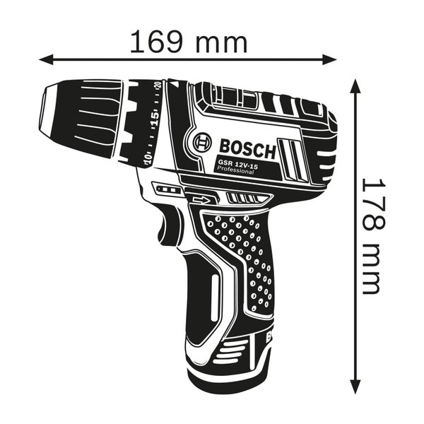 Abmessungen des Bosch GSR 12V-15 Professional Akku-Bohrschraubers: 169 mm Breite, 178 mm Höhe