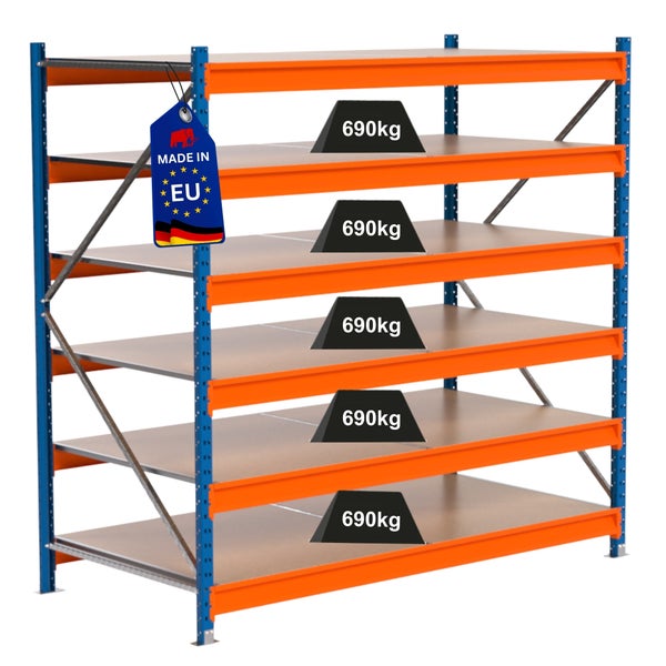 Steckregal mit fünf Regalböden und einer Traglast von 690 Kilogramm pro Boden, Hergestellt in der EU Kennzeichnung