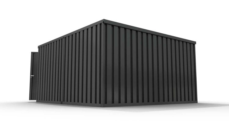 Lagercontainer Gerätehaus M2  – 12 qm, H2150 x B3050 x T4340 mm, Außenwandlackierung anthrazit, Dach außen verzinkt, mit Holzfußboden, 1830 mm Doppelflügeltür mittig in Stirnseite, montiert