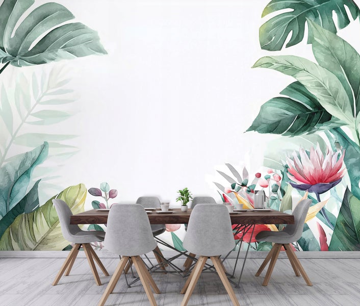 Esszimmer mit Esstisch, Stühlen und floraler Wanddekoration für eine freundliche Atmosphäre