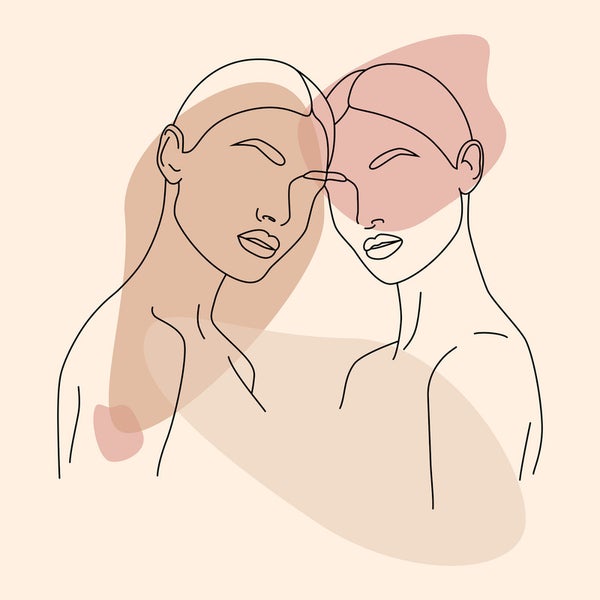 Illustration von zwei Frauengesichtern mit abstrakten Formen