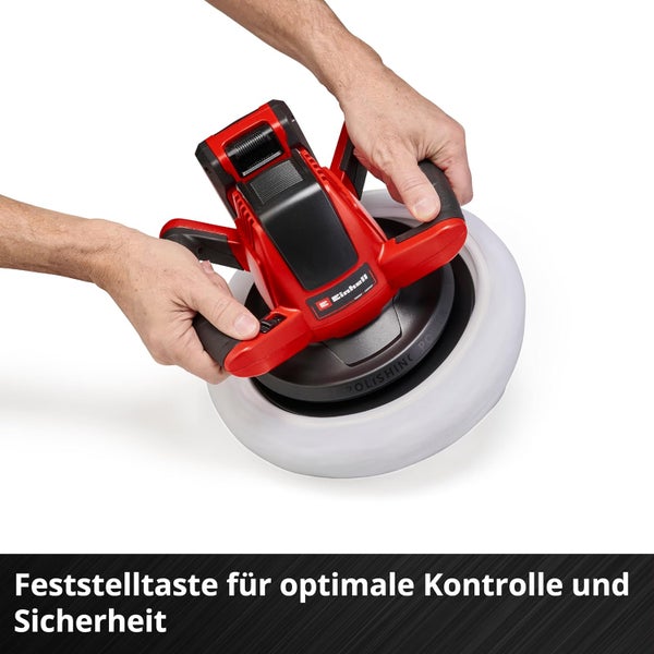 Akku-Poliermaschine von Einhell mit Feststelltaste für optimale Kontrolle und Sicherheit bei der Anwendung.