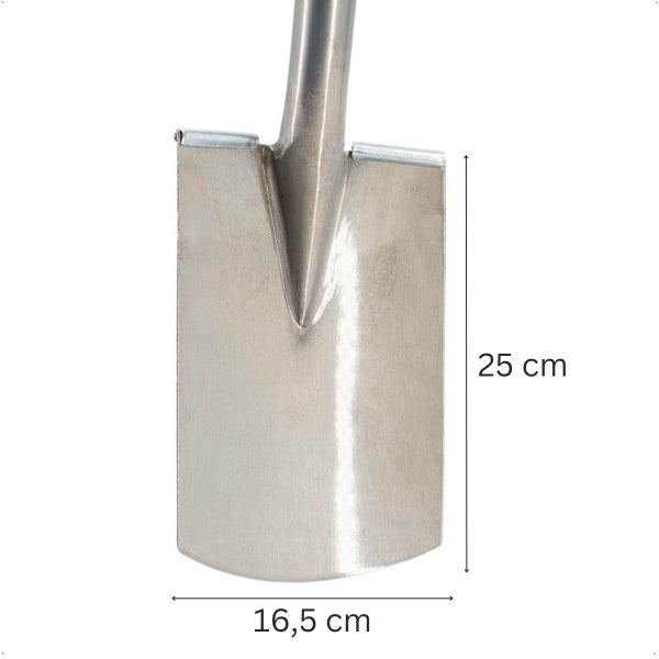 Spatenblatt aus Edelstahl, Höhe 25 Zentimeter, Breite 16,5 Zentimeter, mit Trittschutz.