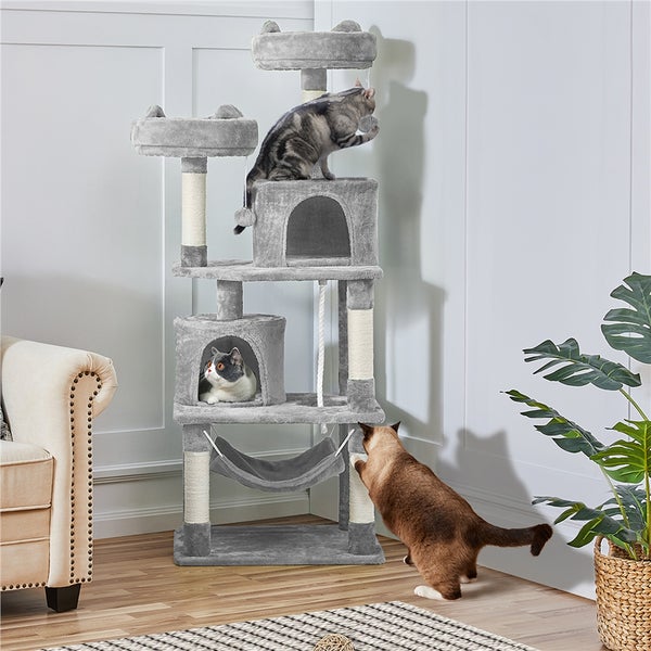 Grauer Kratzbaum mit Katzen und Spielzeug
