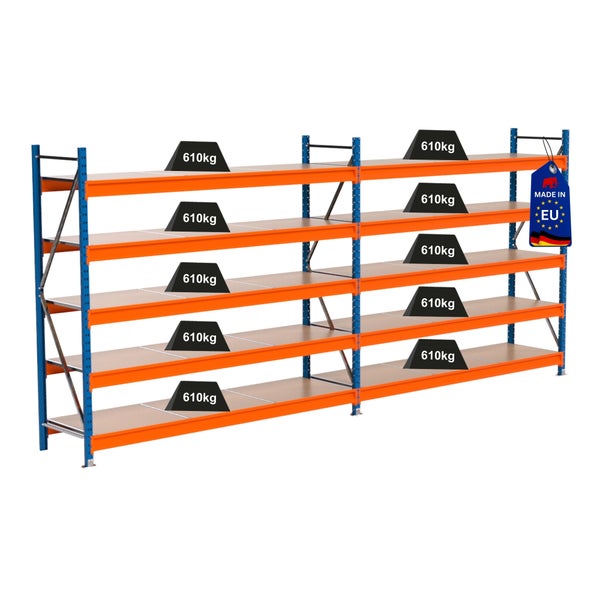 Lagerregal mit Fachböden und Traglastangabe von 610 Kilogramm je Ebene