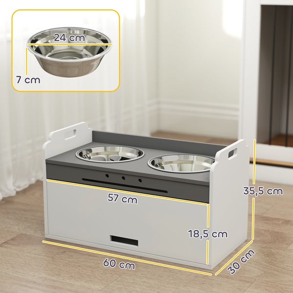 Futterstation für Hunde mit zwei Edelstahlnäpfen und Abmessungen: Breite 60 Zentimeter, Höhe 35,5 Zentimeter, Tiefe 30 Zentimeter.