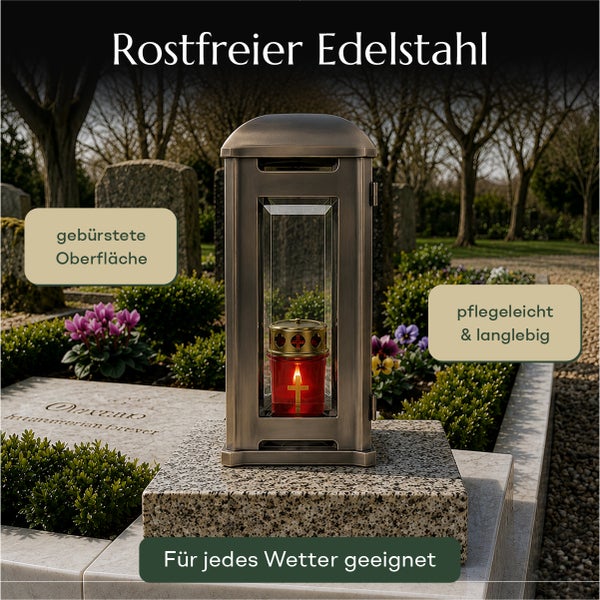 Grablampe aus rostfreiem Edelstahl mit gebürsteter Oberfläche für den Friedhof, pflegeleicht, langlebig und wetterfest.