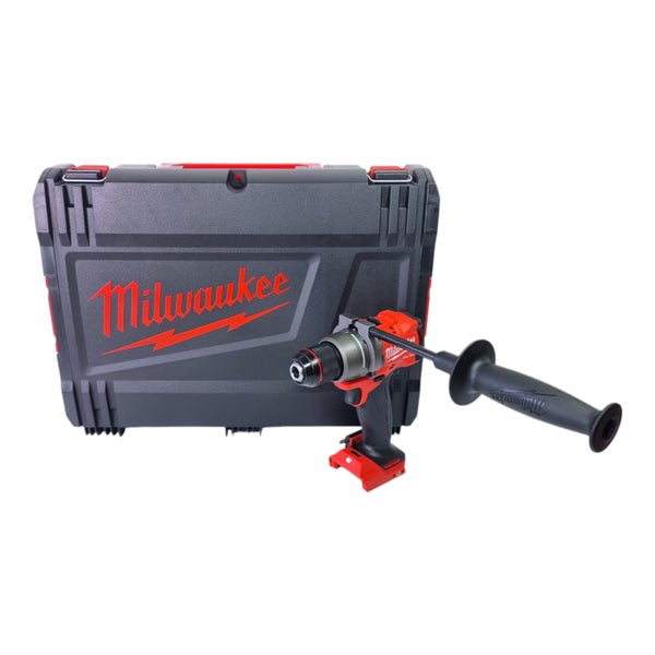 Milwaukee Akku-Bohrschrauber mit Zusatzhandgriff und schwarzem Transportkoffer mit Milwaukee Logo.