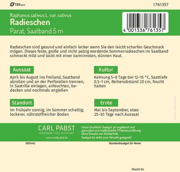 Rückseite der Carl Pabst Radieschen Parat Saatgutpackung mit Anbauanleitungen für das 5 Meter lange Saatband, Carl Pabst Logo.