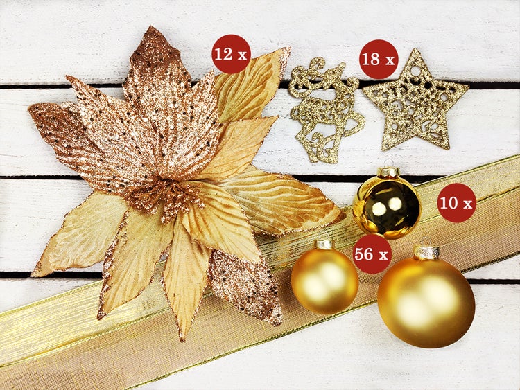 LAALU Set Weihnachtskugeln 142 Stück in Luxusbox GOLDEN GLITTER II für Weihnachtsbäume 240-270 cm