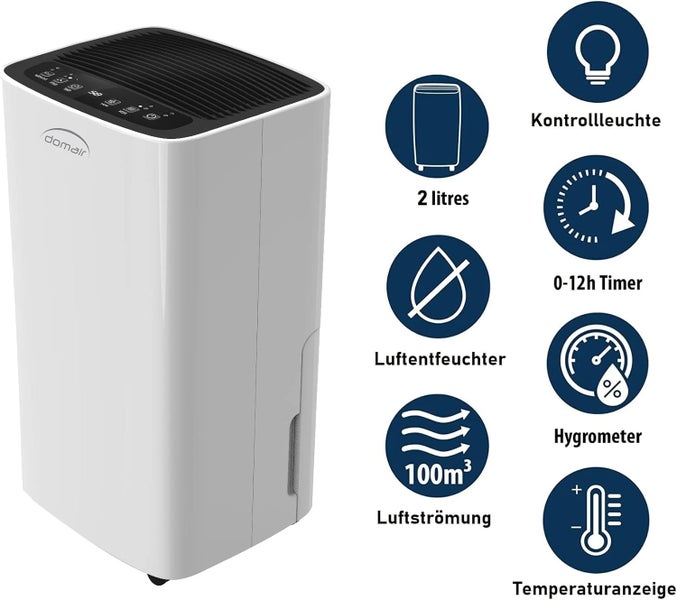 JUNG DOMAIR Luftentfeuchter 185W – Elektrischer Raumentfeuchter, Extra Leise, Entfeuchter für Räume bis 200m³, Ideal für Schlafzimmer, Wohnzimmer, Timer-Funktion, Entfeuchter mit 12L täglicher Kapazität