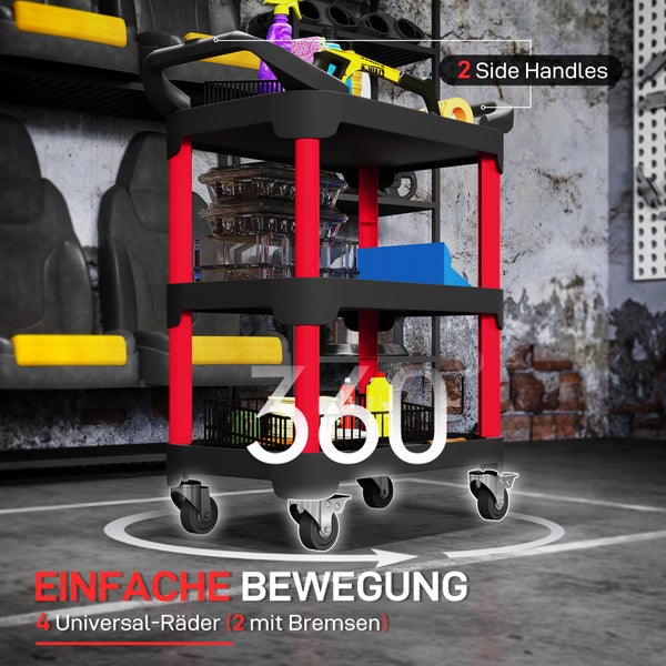 Servierwagen mit drei Ablagen, zwei Seitengriffen und vier Universalrädern