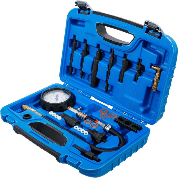 Einspritzdüsen-Tester-Set in blauem Koffer mit Manometer und Adaptern für verschiedene Einspritzdüsen