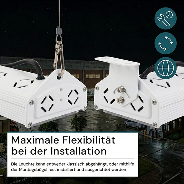 Weiße Industrieleuchte mit zwei Montagearten: abgehängt mit Karabiner oder fest mit Montagebügel. Symbole für einfache Montage und Verstellbarkeit.