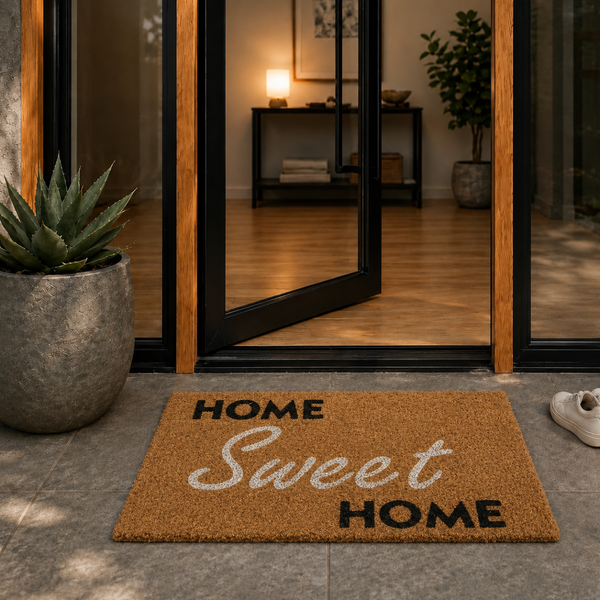 Kokos-Fußmatte mit Schriftzug HOME Sweet HOME vor einer gläsernen Eingangstür auf Fliesen neben einer Pflanze im Topf.