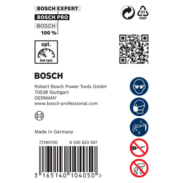Bosch Experte Logo; Papierverpackung; QR-Code; Schutzbrille tragen; Atemschutz tragen; Bohranleitung; Bohren ohne Schlag; Nicht auf Personen richten