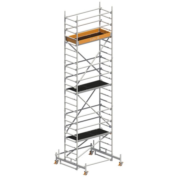 Rollgerüst mit mehreren Ebenen und Layher Logo