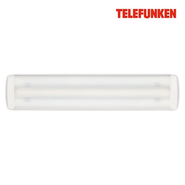 Telefunken Logo und eine weiße, längliche LED-Feuchtraumleuchte mit strukturierter Abdeckung.
