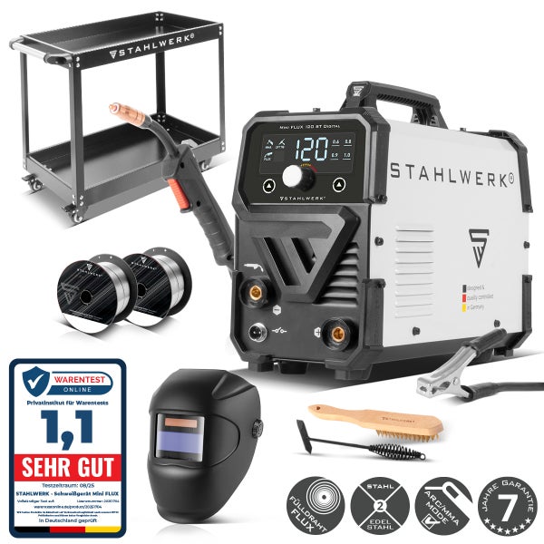 Stahlwerk Schweißgerät Mini Flux 120 ST Digital Set mit Schweißwagen, Helm, Draht, Zubehör, Stahlwerk Logo, sehr gutem Testurteil und Garantie.