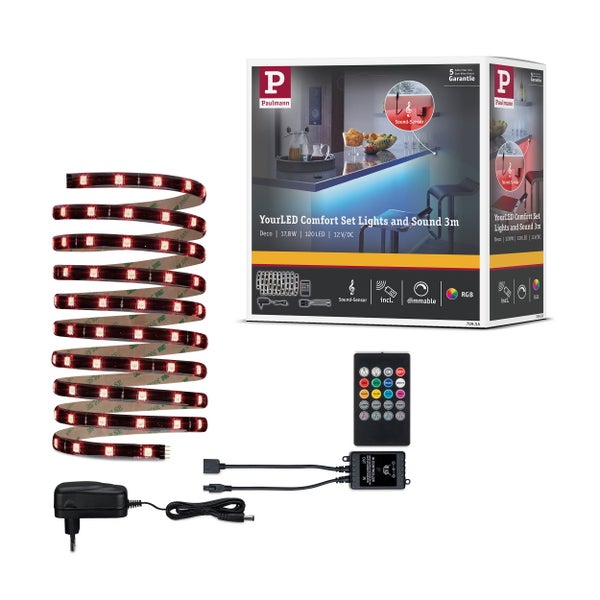 YourLED LED Strip Lights and Sound für musikgesteuerten Farbwechsel 3m beschichtet 17,8W 40 LEDs/m RGB 18VA