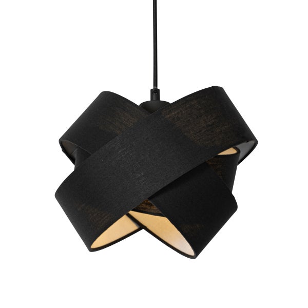 Schwarze Pendelleuchte mit einem Schirm aus überkreuzten Stoffbändern.