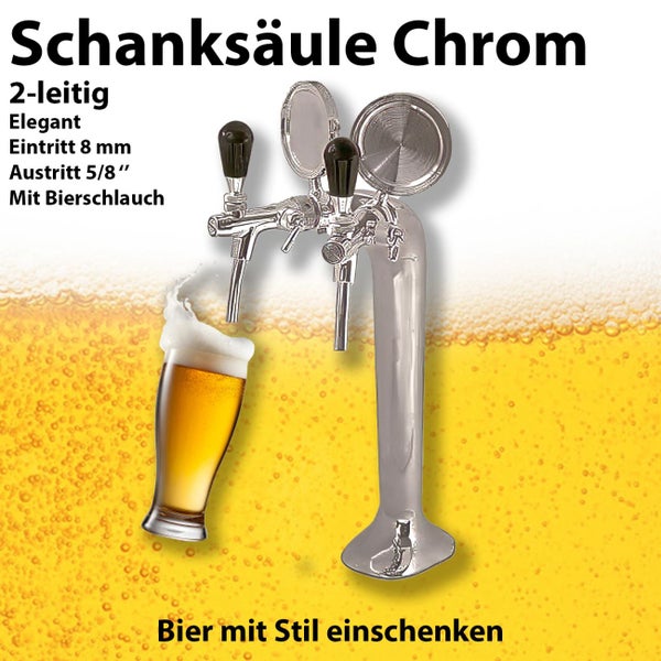 Schanksäule aus Chrom, zweileitig, mit zwei Zapfhähnen und Bierschlauch.